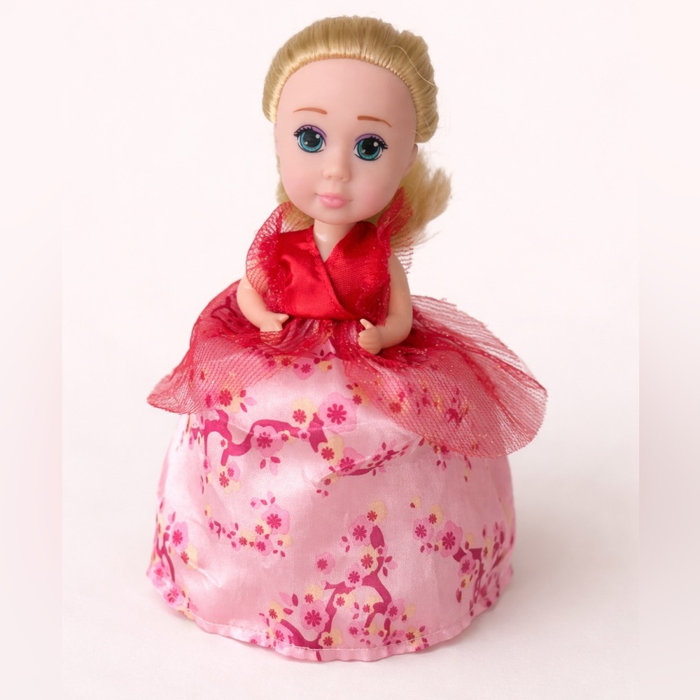 5.5” Cupcake Surprise Doll - Pink Floral Doll - Red & Pink Dress - Haschel Toys